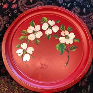 TOLE TRAY HANDPAINTED RED WITH WHITE FLORAL NASHCO